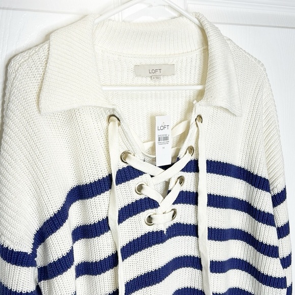 LOFT NWT Striped Lace Up Polo Sweater Women's Medium Blue‎ White Nautical Preppy - Picture 5 of 10